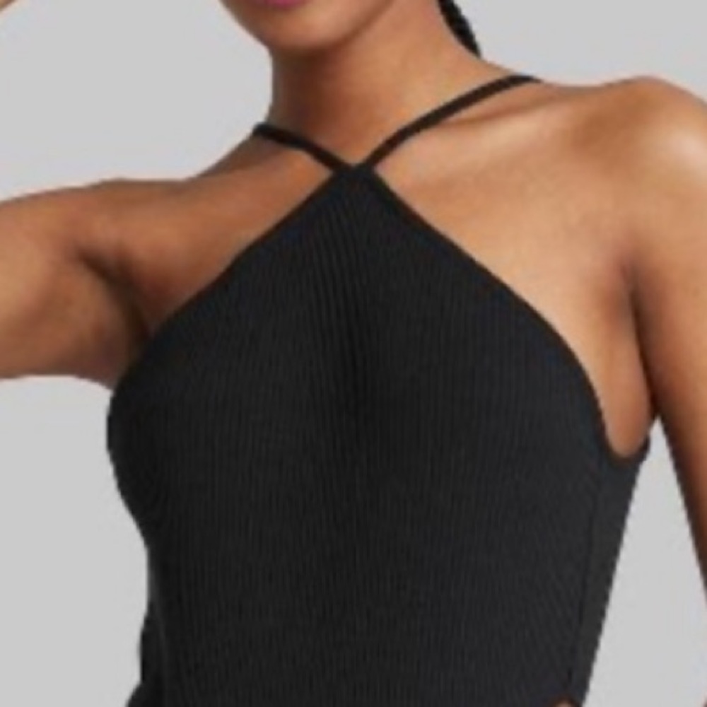 Wild Fable Halter Bodysuit Small Black Ribbed Nylon Spandex Stretch Snap close
